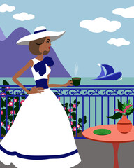 The Girl is Tasting a Cup of Coffee on a Balcony Near the Sea Flat Illustration  