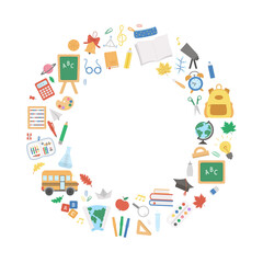 Vector round back to school frame with cute schoolbag, pencil, alarm, bell, blackboard isolated on white background. Funny educational design for banners, posters, invitations. Card template