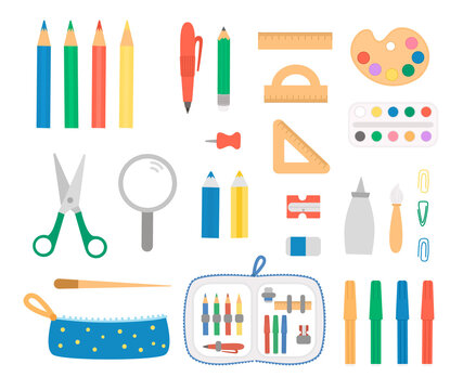 Set with pen and pencil icons. Vector colored stationery, writing materials, office, school or art supplies isolated on white background. Cartoon style scissors, pencil case, rulers.