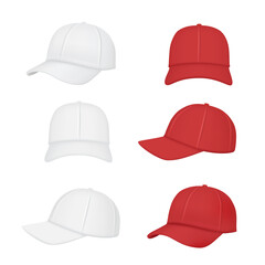 Baseball cap. Sport clothes realistic mockup front back side of caps vector collection. Illustration baseball hat template, view cap side mockup