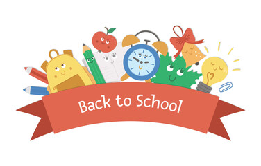Fototapeta premium Vector back to school composition with ribbon and cute kawaii schoolbag, bell, leaf, alarm clock. Funny educational design for banners, posters, invitations. Card template with funny stationery.
