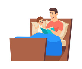Bedtime story. Father reading to son in bed. Night fairytale, cute boy and man together. Time with daddy vector illustration. Dad bedtime reading book to boy, parent and little kid