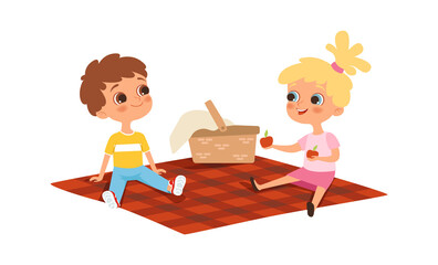 Children picnic. Boy girl eating, friendship. Isolated cartoon happy kids outdoor summer activity vector illustration. Picnic summer, people friendship outdoor lunch in park