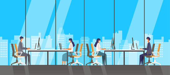 Vector illustration of masked people in the modern office with a view of skyscrapers. Big windows look out to see city view.