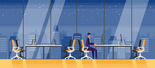 Vector illustration of a businessman in the modern office with a view of skyscrapers at night.