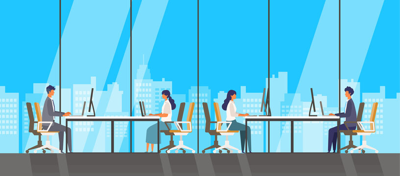 Vector Illustration Of People In The Modern Office With A View Of Skyscrapers. Big Windows Look Out To See City View.