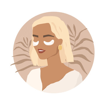 A stylish girl, short-haired blonde, uses patches for skincare. Anti-aging care, hydration, elimination of dark circles under the eyes, reviews of cosmetics, blogger. Vector illustration in flat style