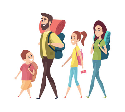 Hiking. Mom dad daughter son with backpacks. Isolated tourists characters vacation or family trip vector illustration. Family hiking, son and daughter with parents