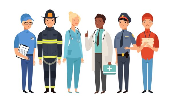 Essential workers. Isolated frontliners group, people working on virus pandemic. Doctor policeman fireman postman delivery boy vector set. People illustration in uniform, healthcare employment safety