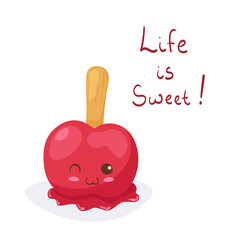 Kawaii vector illustration of homemade Red Apple in Caramel on stick isolated on white background. Cute funny & happy character with lettering. Cartoon style smiling food mascot for kids autumn menu.