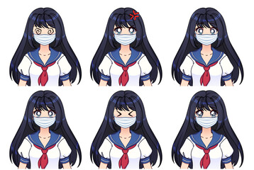 Set of anime expressions. Cute girl with long black hair wearing medical mask.