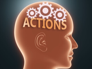 Actions inside human mind - pictured as word Actions inside a head with cogwheels to symbolize that Actions is what people may think about and that it affects their behavior, 3d illustration