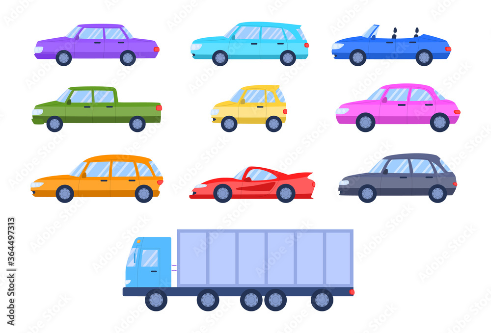 Sticker Cartoon Color Different Cars Side View Icons Set. Vector