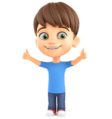 Cartoon character of a little boy shows two thumbs up on a white background. 3d render.