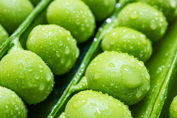Pea seeds in pods in drops of water close-up, macro photo. The concept of summer, pea crop, healthy vitamin food.