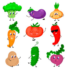 Cartoon Color Cute Vegetables Icons Set. Vector