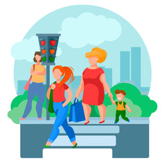 Cartoon Color Characters People Pedestrians Concept. Vector