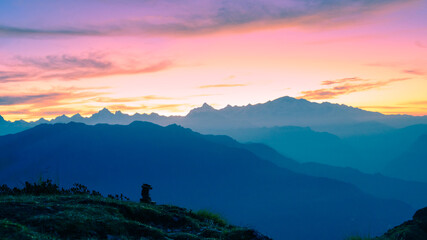 Beautiful panoramic landscape view of the sunrise at Himalayan snow mountains from Chandrashila...