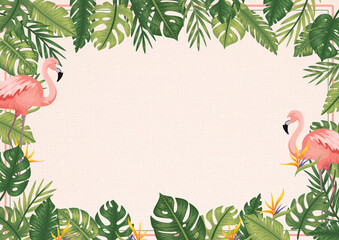 summer theme background with flamingos and palm trees.