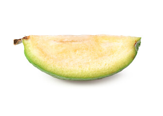 Cut of feijoa isolated on white background. Acca sellowiana. Tropical fruit