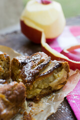 Tasty homemade apple pie on a wooden table.