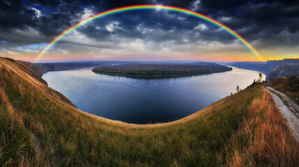 colorful rainbow over river canyon