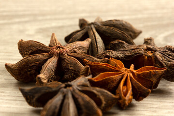 Star anise exotic spice on a wooden table