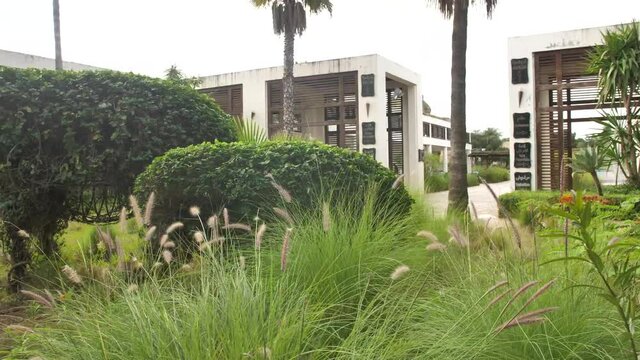 dolly in movement in front of the zoo entrance flap with the pretty trees