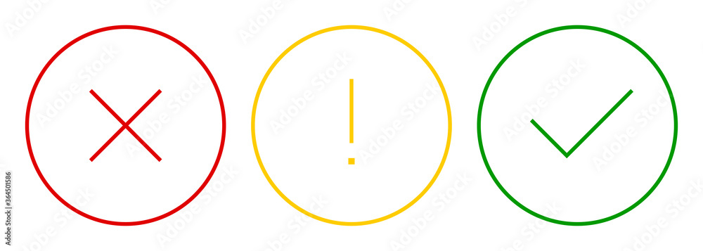 Poster Set of round check mark, exclamation point, X mark thin line icons, buttons isolated on a white background. EPS10 vector file