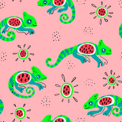 Chameleon and watermelon vector seamless pattern