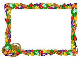 Fototapeta na wymiar Vegetables and basket, colorful food background, frame. Vector illustration.
