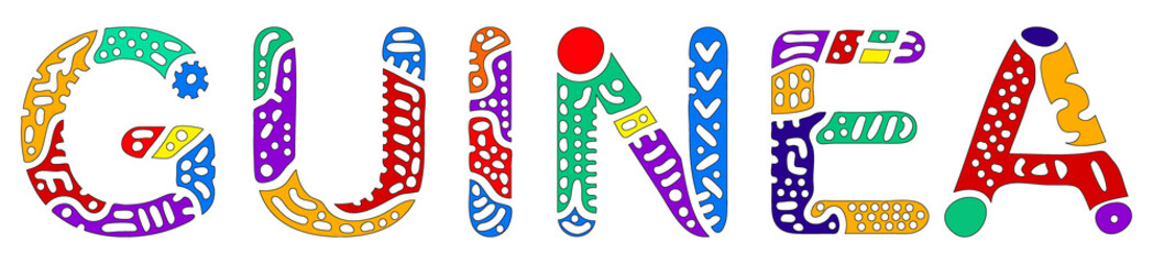 Guinea. Multicolored bright contrast isolate inscription. Colored curves doodle letters. Guinea for print on clothing, t-shirt, souvenir, booklet, banner, flyer, card. Stock vector picture.