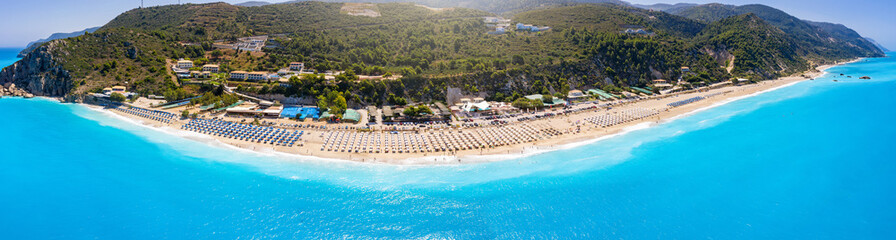 Panoramic aerial view of the popular Kathisma beach, Lefkada island, Greece