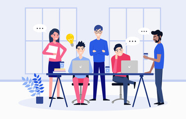 Business team people working. Discussing ideas for startup. Brainstorm concept. People talking and working together on laptops in modern office interior. Flat design characters. Vector illustration.