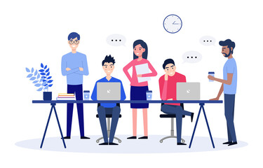 Business team people working. Network and teamwork. Brainstorm concept. People talking and working together on laptops in office. Flat design characters. Vector illustration.