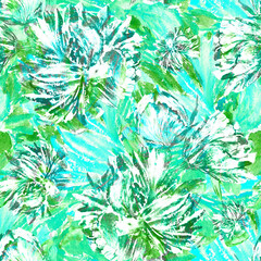 Watercolor floral seamless pattern with lush flowers on an abstract teal background