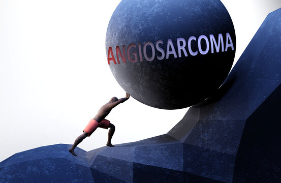 Angiosarcoma as a problem that makes life harder - symbolized by a person pushing weight with word Angiosarcoma to show that Angiosarcoma can be a burden that is hard to carry, 3d illustration