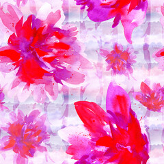 Seamless floral pattern with bright beautiful flowers on an abstract watercolor pink background