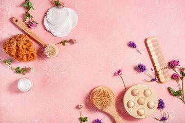 zero waste eco friendly bath and body care products and wild flowers. natural cosmetics for home spa treatment