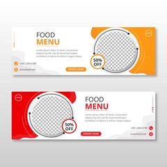 Food and Restaurant Web Banner. Design For Food Web banners of different standard sizes. Templates with photos Place holder, buttons. Vector illustration. Set.