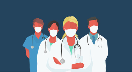 Group of doctors, nurse, standing with medical mask. Teamwork.
