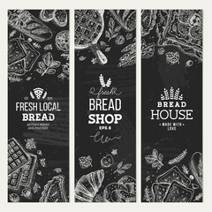 Bakery background. Linear graphic. Bread and pastry collection. Bread house. Engraved top view illustration. 