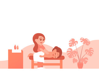 Woman on a massage procedure in a beauty salon. Banner with place for text. Vector cartoon illustration.