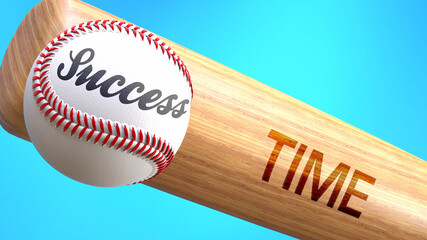 Success in life depends on time - pictured as word time on a bat, to show that time is crucial for successful business or life., 3d illustration