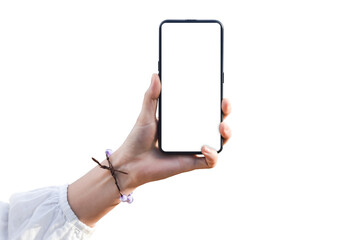 Female hand holding black cellphone with white screen at isolated on white background.