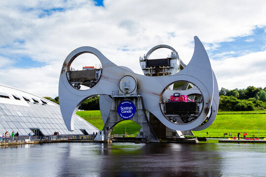 FALKIRK, SCOTLAND - AUGUST 21, 2016: The Falkirk Wheel is a rotating boat lift connecting the Forth and Clyde Canal with the Union Canal. Scotland, United Kingdom