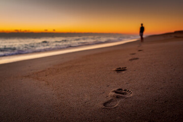 A person walking on the beach leaving footprints in the sand - Powered by Adobe