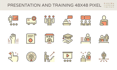 Presentation and training vector icon set design, 48X48 pixel perfect and editable stroke.