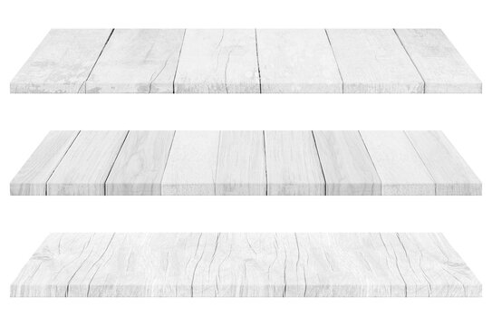 Set of wooden white tabletop or wood shelf isolated on white background. Object with clipping path.