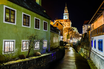 A night shot of the historical city center of Cesky Krumlov.